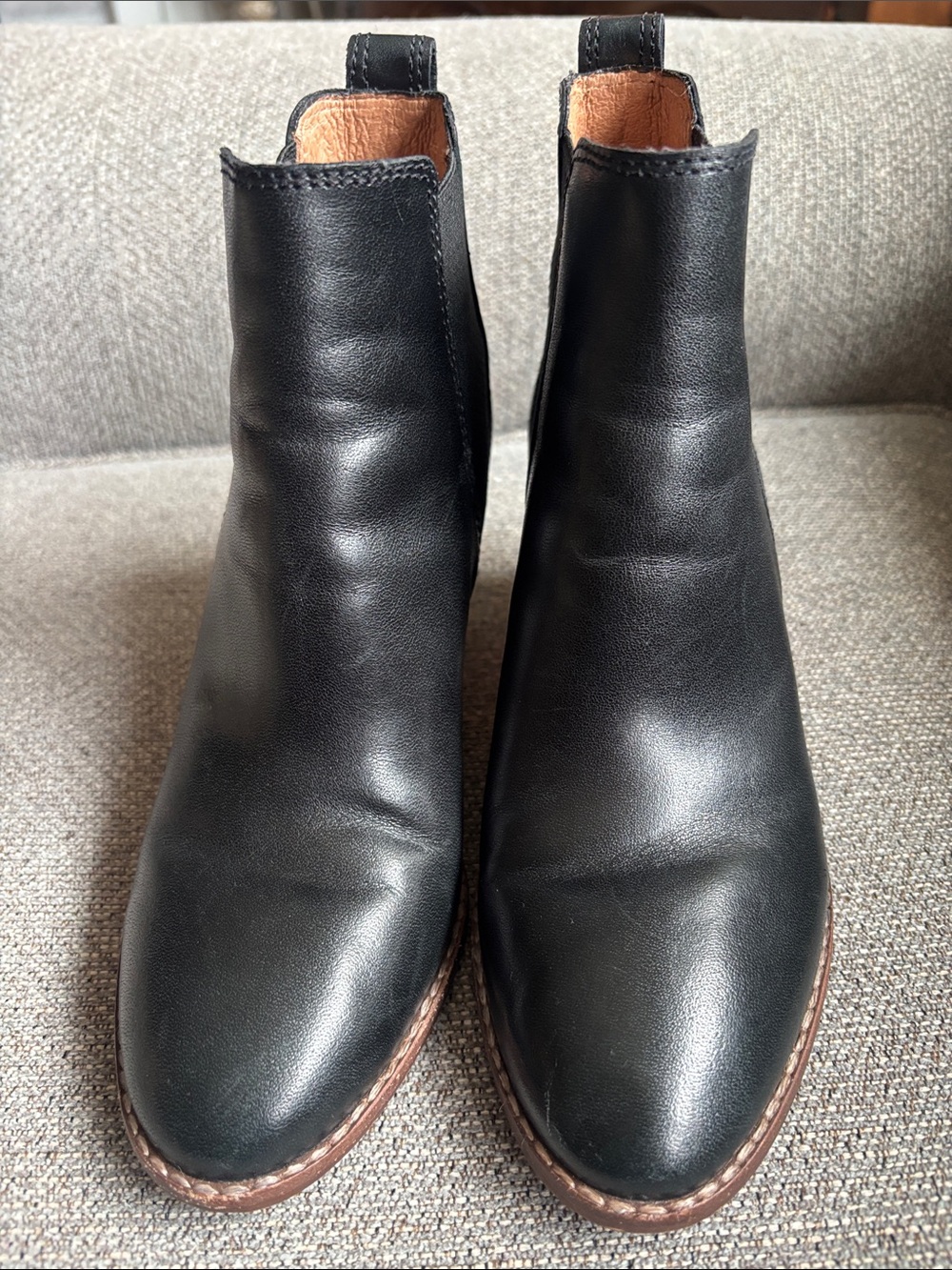 Madewell Black Leather Chelsea Ankle Boots with Brown Heel